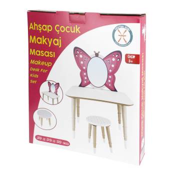 ÇG81 Ahşap Çocuk Kelebek Makyaj Masası Tabureli
