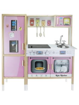  - T1013 Ahşap Buzdolaplı Çocuk Mutfağı Ledli Pembe