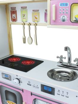 T1013 Ahşap Buzdolaplı Çocuk Mutfağı Ledli Pembe